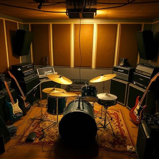 A rehearsal room with drums, guitars, and amplifiers setup.