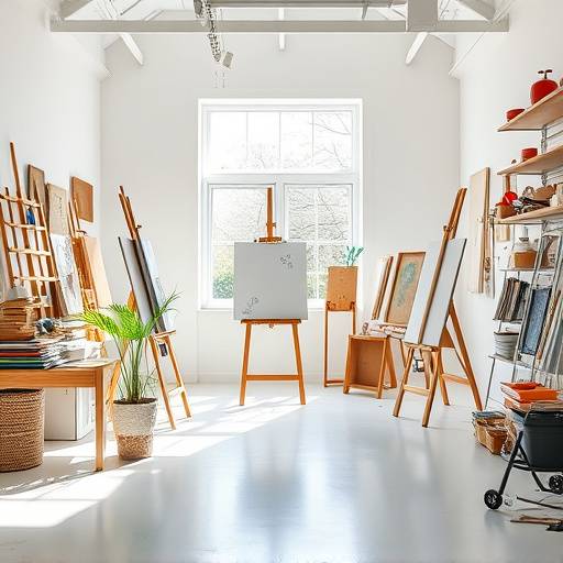 Bright and spacious art studio with easels and art supplies.