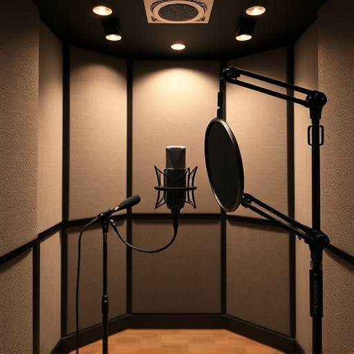 Inside Studio B: A vocal booth with acoustic treatment and a high-quality microphone.