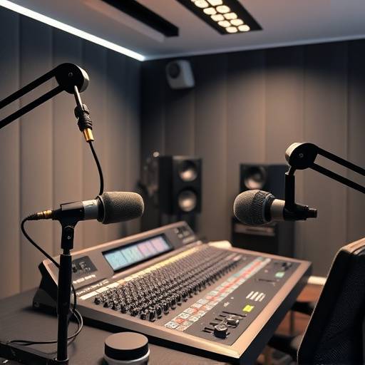 Podcast Studio E: A modern podcast studio with microphones, headphones, and a mixing console.