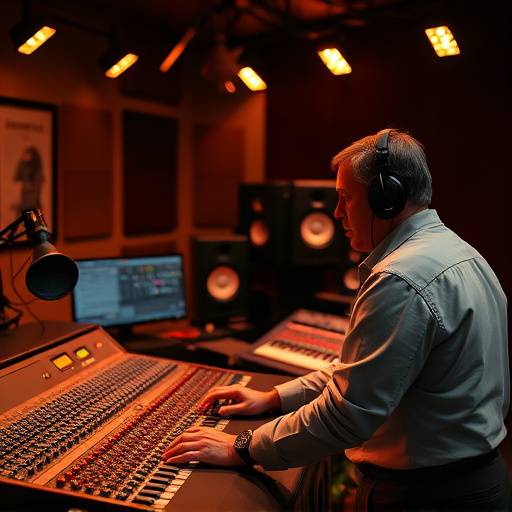Professional audio engineer working at a mixing console.