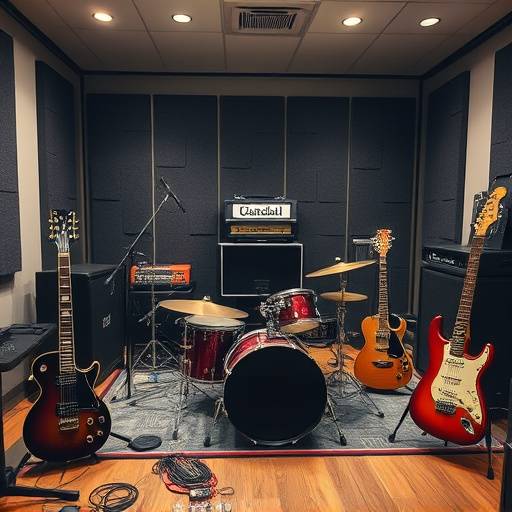 Rehearsal Room C: A fully equipped rehearsal room with drums, guitars, and amplifiers.