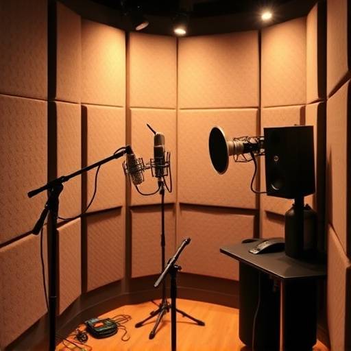 The vocal booth in Studio B, featuring acoustic treatment and a microphone.