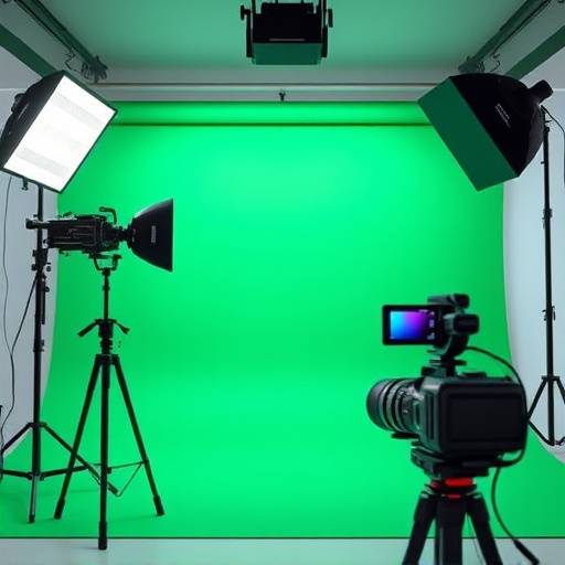 Video Production Studio F: A professional video production studio with green screen, lighting, and camera equipment.